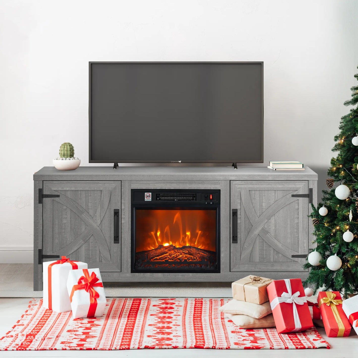 58" Farmhouse TV Stand with 18" Insert Electric Fireplace for Living Room Rustic White Brown Grey Finish PARROT UNCLE MDF Laminate Construction Modern Appeal Christmas Halloween