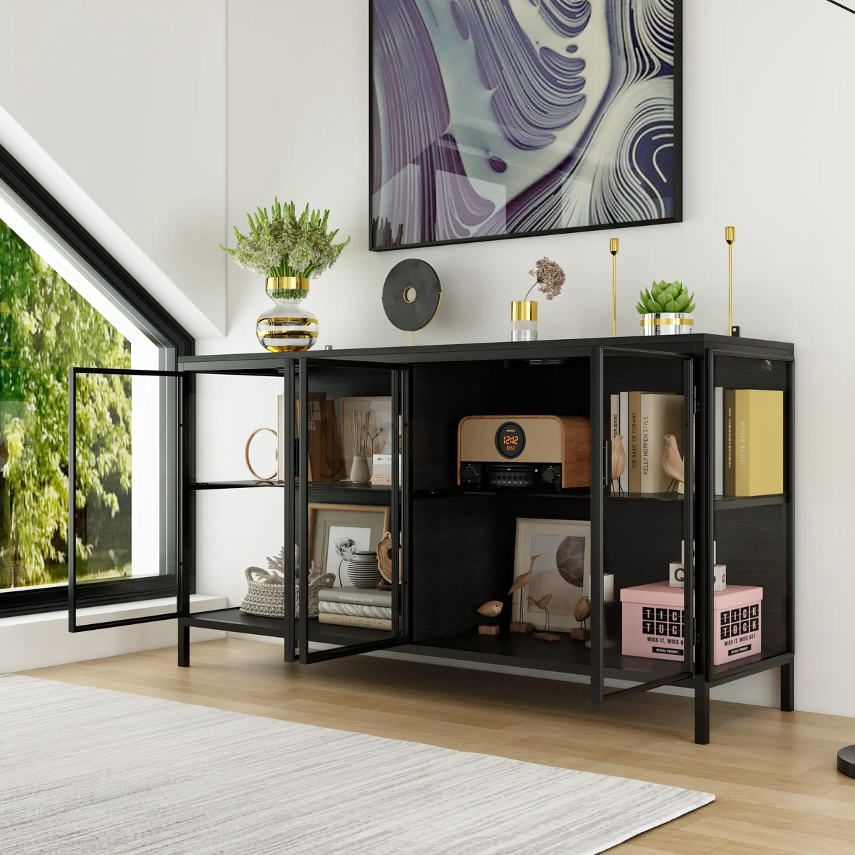 FUFU&GAGA Storage Cabinet with 3-Color LED Lights Glass Shelves & 4 Compartments Modern Display Cabinet for Living Room Dining Room Solid Metal Legs Adjustable Lighting