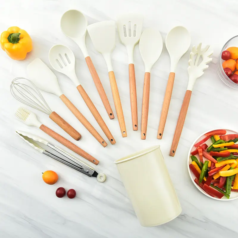 12 Pieces Silicone Kitchen Utensil Set, Wooden Handles, Durable, Heat-Resistant, for Cooking and Baking, Kitchen Supplies, Girly Kitchenware Black