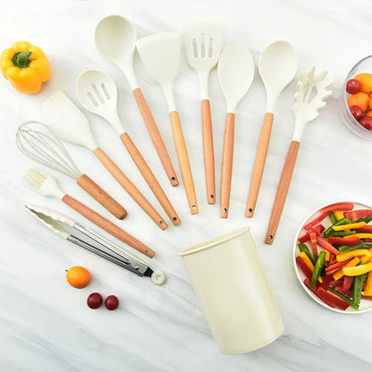 12 Pieces Silicone Kitchen Utensil Set, Wooden Handles, Durable, Heat-Resistant, for Cooking and Baking, Kitchen Supplies, Girly Kitchenware Black