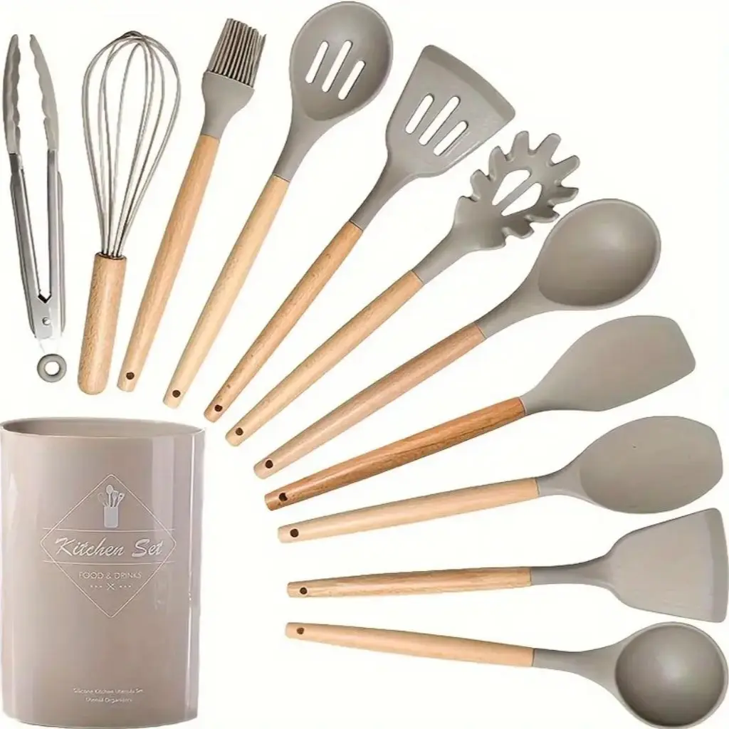 12 Pieces Silicone Kitchen Utensil Set, Wooden Handles, Durable, Heat-Resistant, for Cooking and Baking, Kitchen Supplies, Girly Kitchenware Black