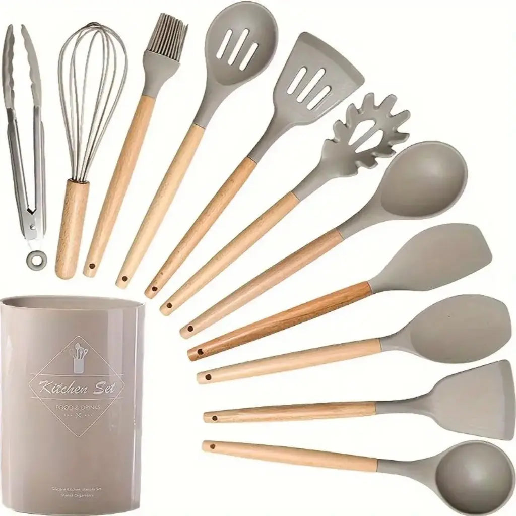 12 Pieces Silicone Kitchen Utensil Set, Wooden Handles, Durable, Heat-Resistant, for Cooking and Baking, Kitchen Supplies, Girly Kitchenware Black