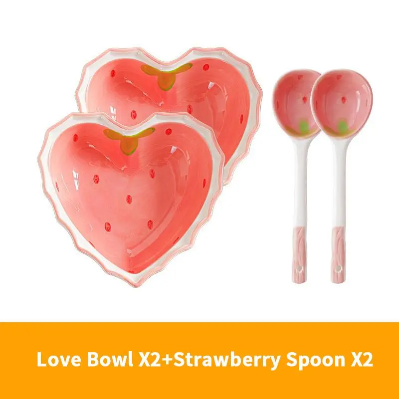 Heart-Shaped Ceramic Bowl with Spoon, Creative Strawberry Pattern Bowl & Spoon, Durable Tableware for Kitchen, Household Dining Plate Set, Ceramic Dish Set, Durable Utensils Tableware