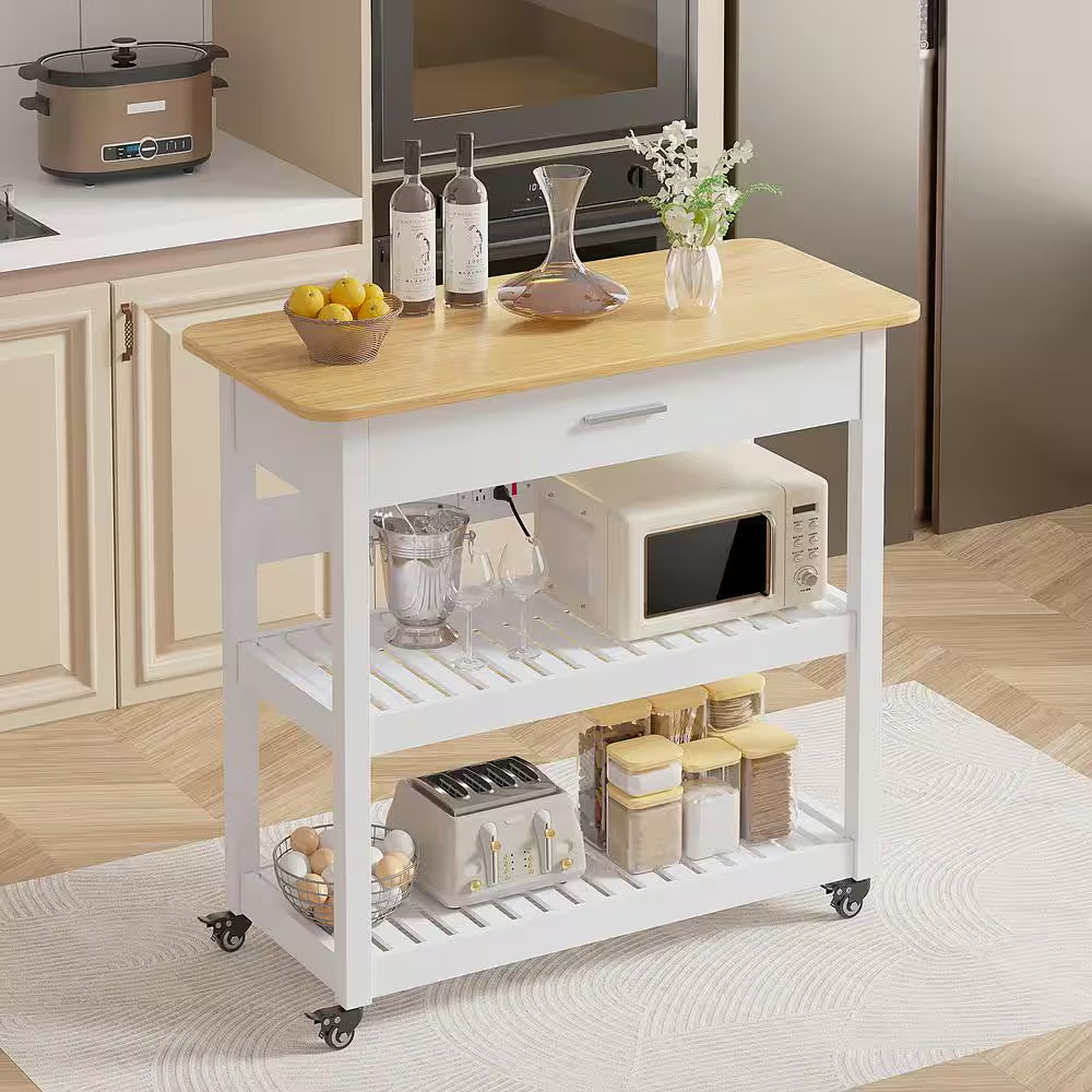 Kitchen Island Cart on Wheels, 40 In. Rolling Utility Cart with Power Strip, White Wood Top Shelves for Kitchen Storage