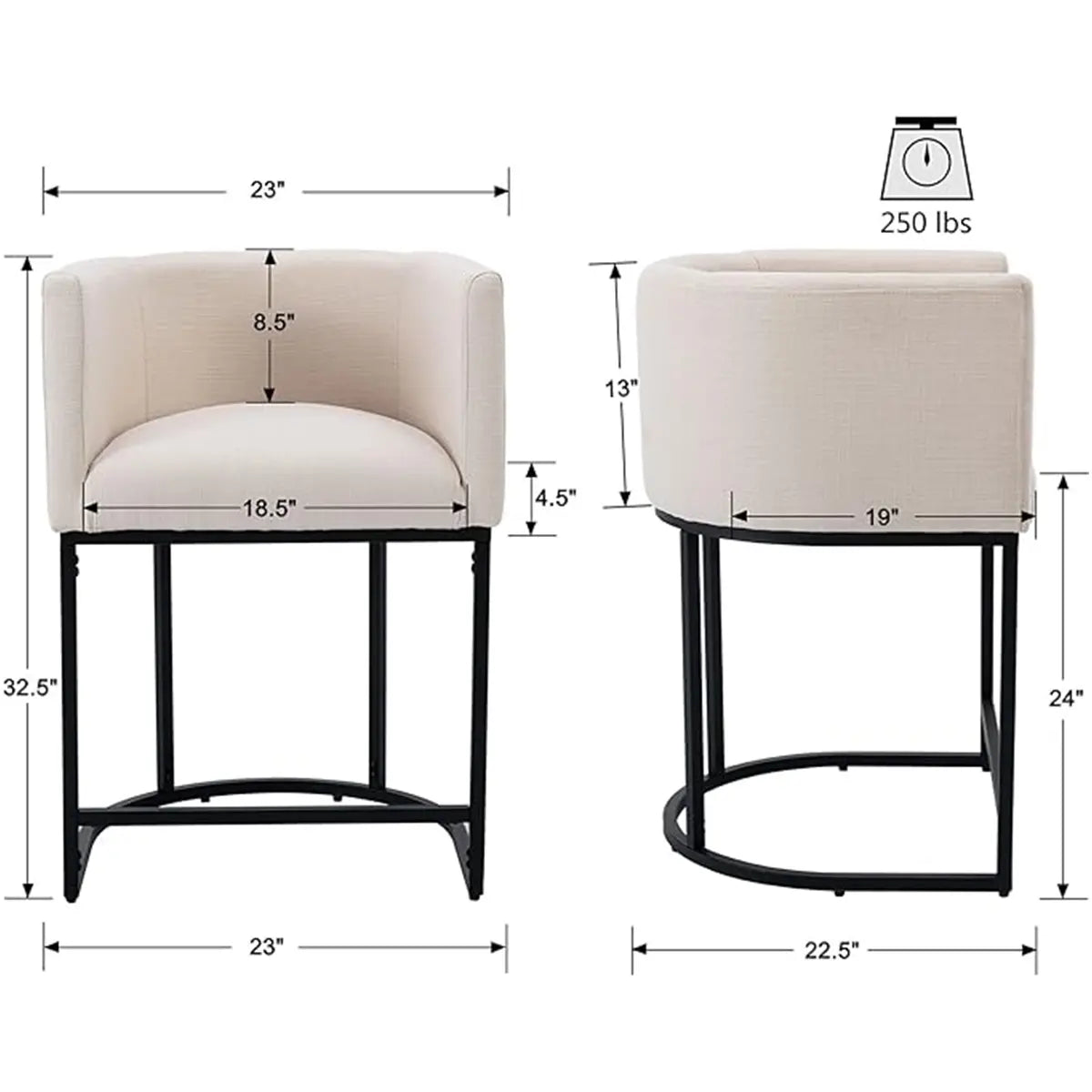  Counter Height Bar Stools, CHAIRUS 24" Modern Barrel Counter Stools with Backrest and Arms, Linen Fabric Bar Chairs with Black Metal Frames and Footrest,Upholstered Accent Bar Stools for Kitchen Island, Dining Room,Cream