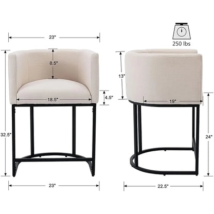  Counter Height Bar Stools, CHAIRUS 24" Modern Barrel Counter Stools with Backrest and Arms, Linen Fabric Bar Chairs with Black Metal Frames and Footrest,Upholstered Accent Bar Stools for Kitchen Island, Dining Room,Cream