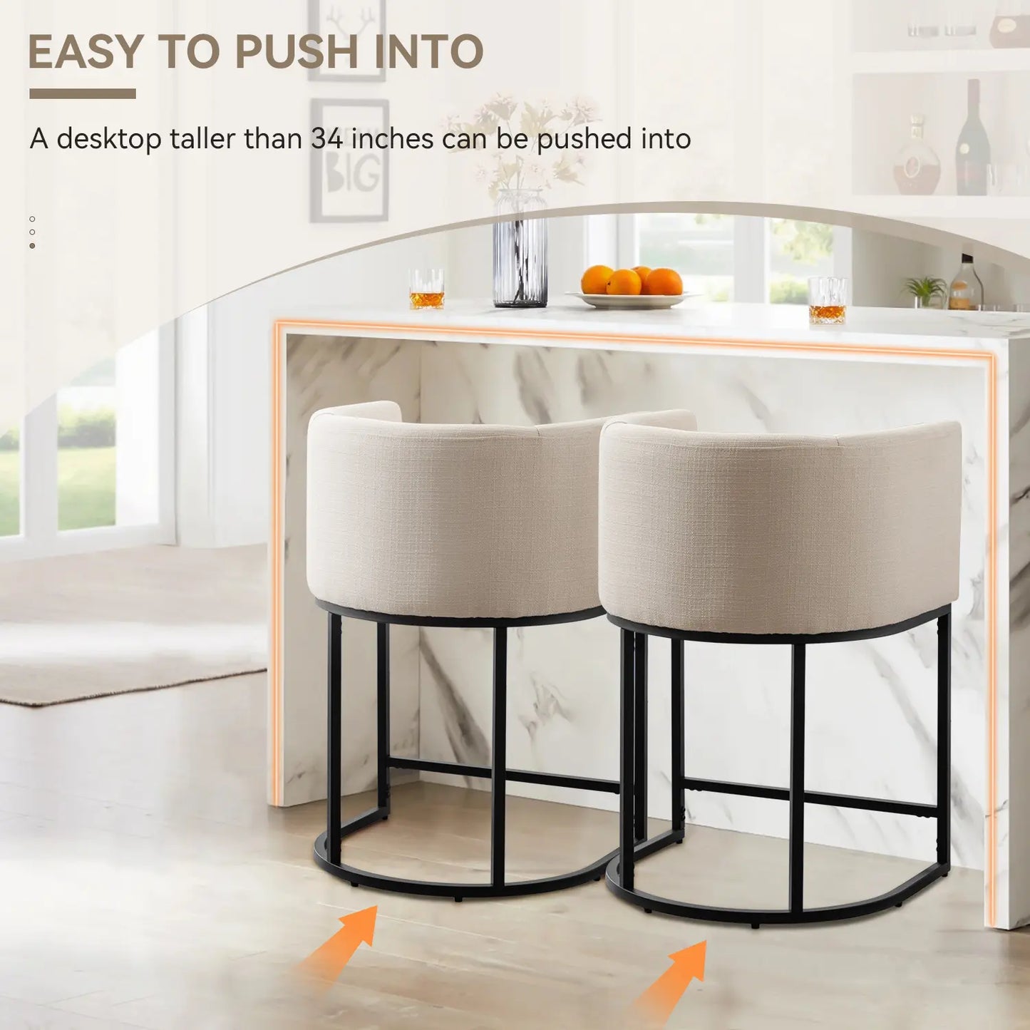  Counter Height Bar Stools, CHAIRUS 24" Modern Barrel Counter Stools with Backrest and Arms, Linen Fabric Bar Chairs with Black Metal Frames and Footrest,Upholstered Accent Bar Stools for Kitchen Island, Dining Room,Cream