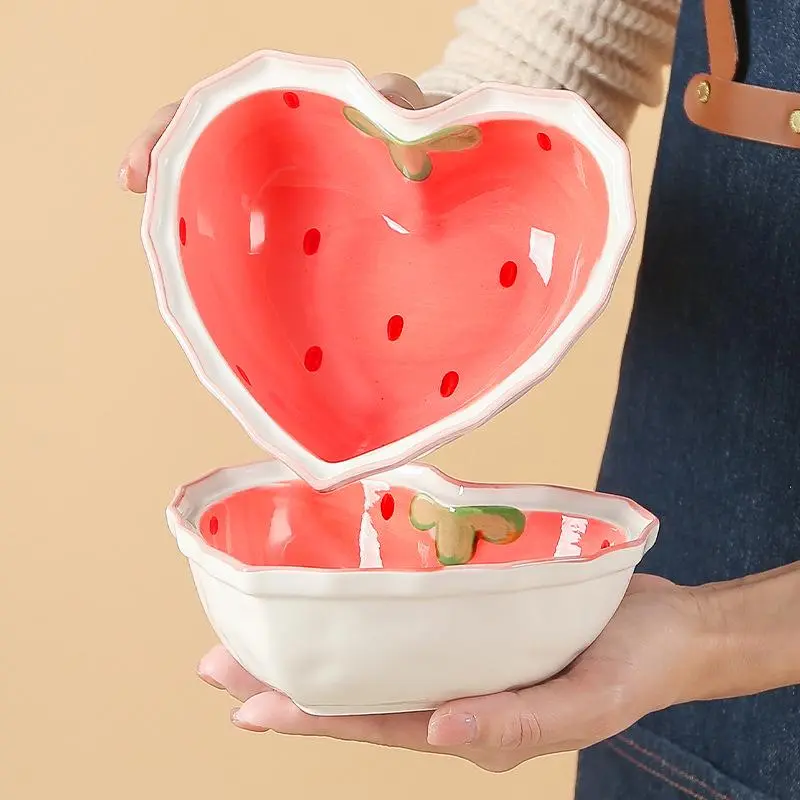 Heart-Shaped Ceramic Bowl with Spoon, Creative Strawberry Pattern Bowl & Spoon, Durable Tableware for Kitchen, Household Dining Plate Set, Ceramic Dish Set, Durable Utensils Tableware