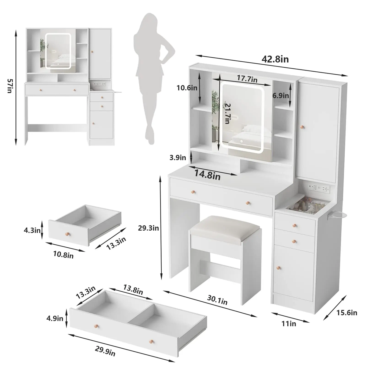 Modern LED Vanity Table with Mirror and Lights, Makeup Vanity Desk with 3 Drawers and Cabinets for Ample Storage by Vabches 