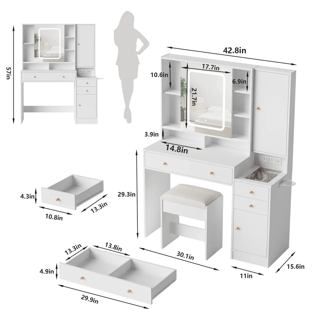Modern LED Vanity Table with Mirror and Lights, Makeup Vanity Desk with 3 Drawers and Cabinets for Ample Storage by Vabches 