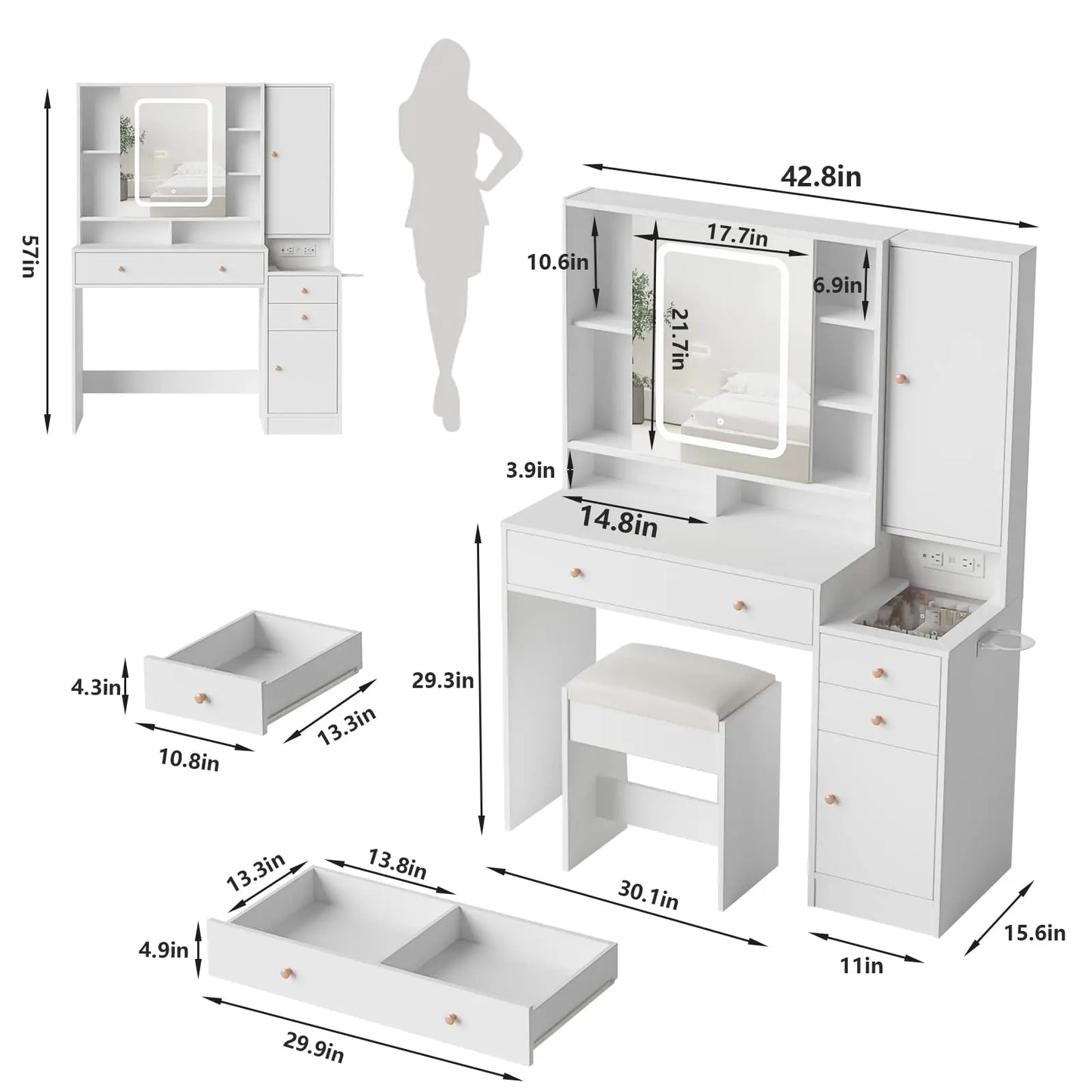 Modern LED Vanity Table with Mirror and Lights, Makeup Vanity Desk with 3 Drawers and Cabinets for Ample Storage by Vabches 