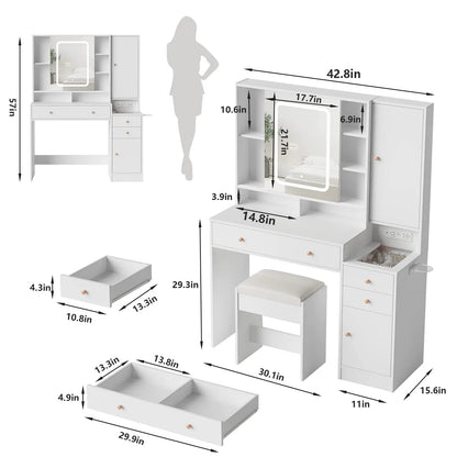 Modern LED Vanity Table with Mirror and Lights, Makeup Vanity Desk with 3 Drawers and Cabinets for Ample Storage by Vabches 