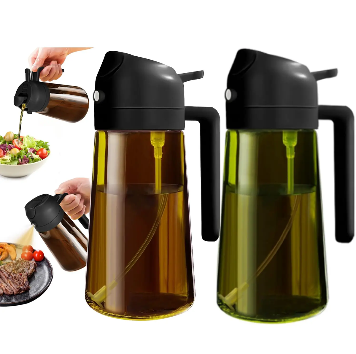 2 Count 2 in 1 Oil Sprayer for Cooking 16Oz/470Ml Light-Blocking Dark , Olive Oil Dispenser Bottle for Cooking, Grilling Organiser Tin Canister Kitchen Gadgets Kitchenware