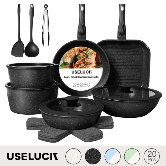 USELUCK 20-Piece Detachable Handle Nonstick Cookware Set – White