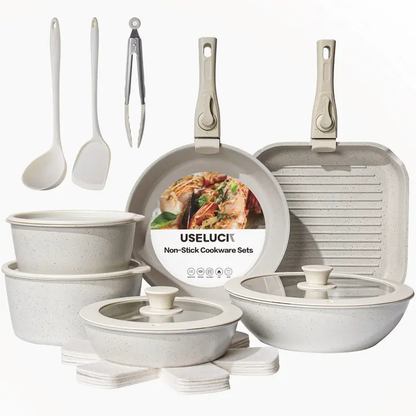 USELUCK 20-Piece Detachable Handle Nonstick Cookware Set – White