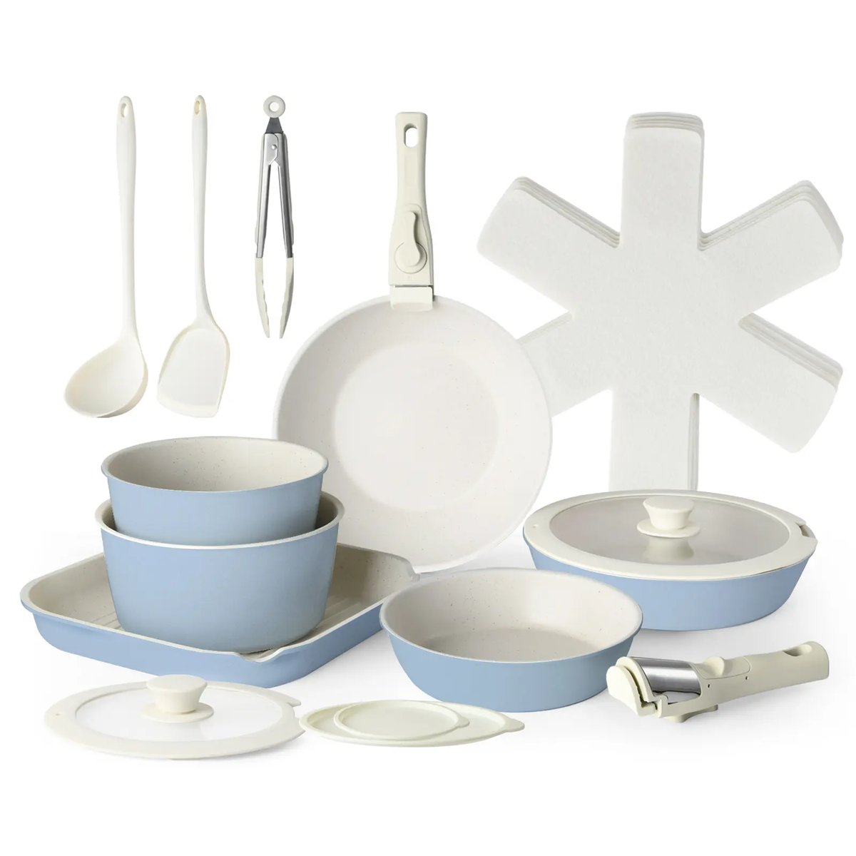 USELUCK 20-Piece Detachable Handle Nonstick Cookware Set – White