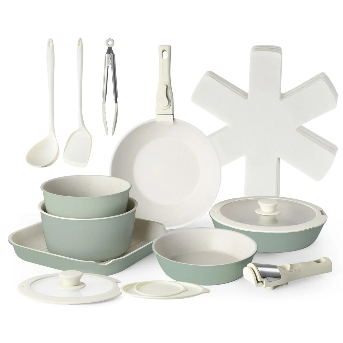 USELUCK 20-Piece Detachable Handle Nonstick Cookware Set – White