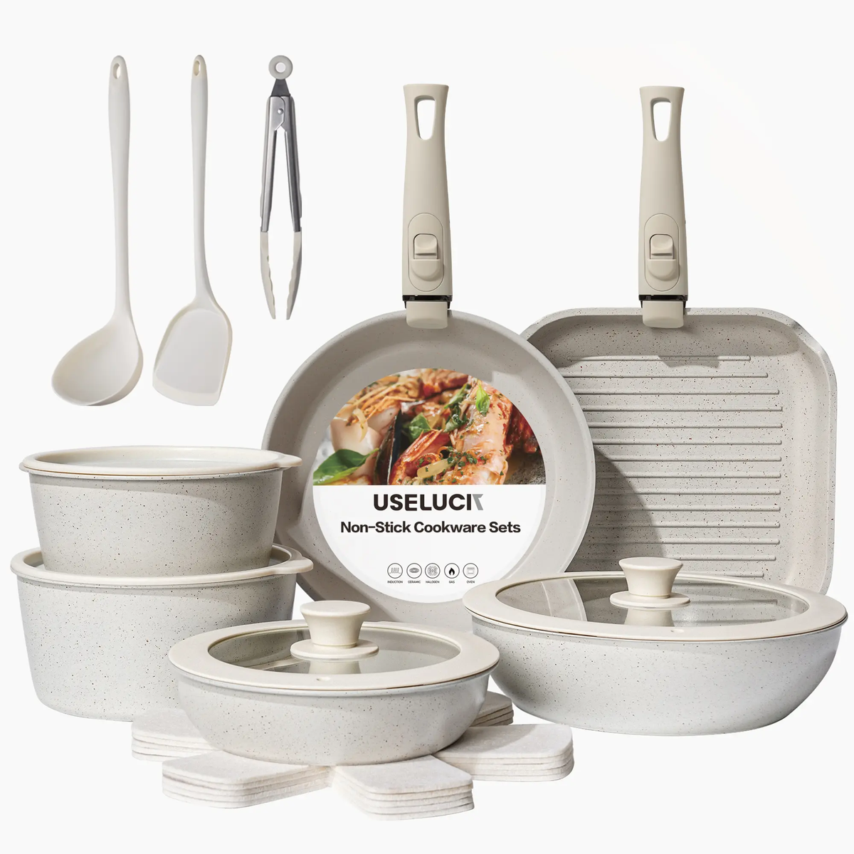 USELUCK 20-Piece Detachable Handle Nonstick Cookware Set – White
