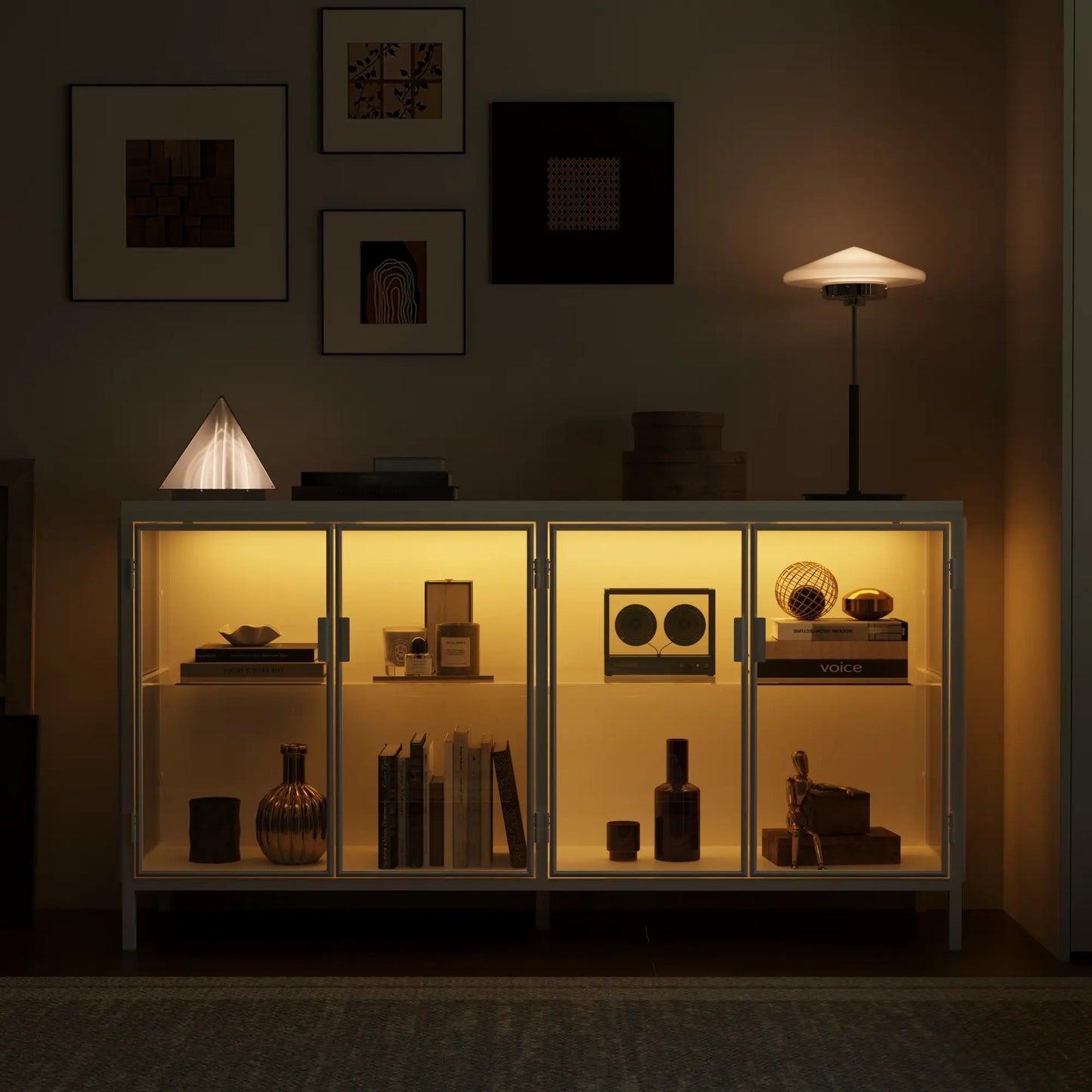 FUFU&GAGA Storage Cabinet with 3-Color LED Lights Glass Shelves & 4 Compartments Modern Display Cabinet for Living Room Dining Room Solid Metal Legs Adjustable Lighting