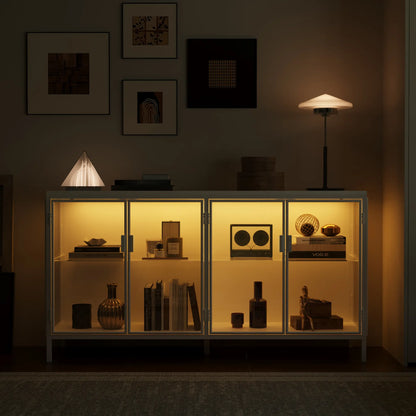 FUFU&GAGA Storage Cabinet with 3-Color LED Lights Glass Shelves & 4 Compartments Modern Display Cabinet for Living Room Dining Room Solid Metal Legs Adjustable Lighting