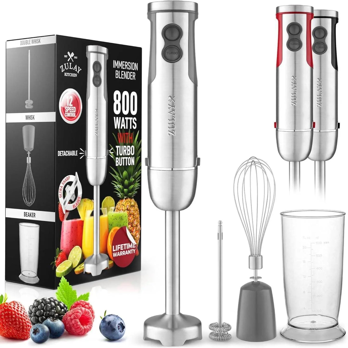 3-In-1 Immersion Blender Handheld - Powerful 800 Watt 12 Speed Emulsion Mixer Stainless Steel Anti Rust  Blending, Crushing, and Pureeing