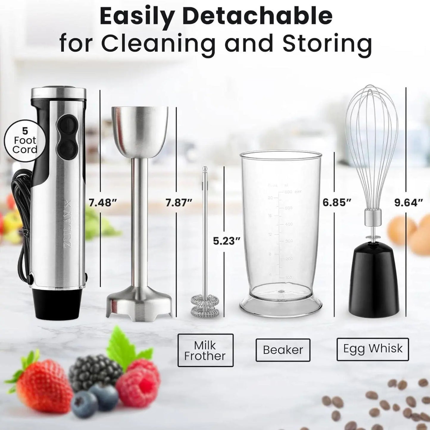 3-In-1 Immersion Blender Handheld - Powerful 800 Watt 12 Speed Emulsion Mixer Stainless Steel Anti Rust  Blending, Crushing, and Pureeing