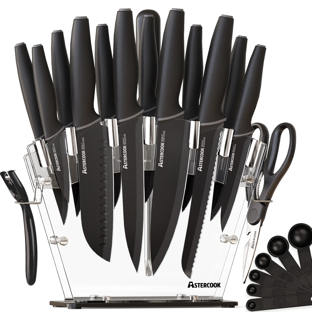 Chef Knife Full Set 16 Pcs- Stand & Measuring Cups Included - Highcarbon Stainless Steel Sharp Serrated Steak Knives, Scissor Knives Block Perfect Balance for Precision Cutting & Slicing