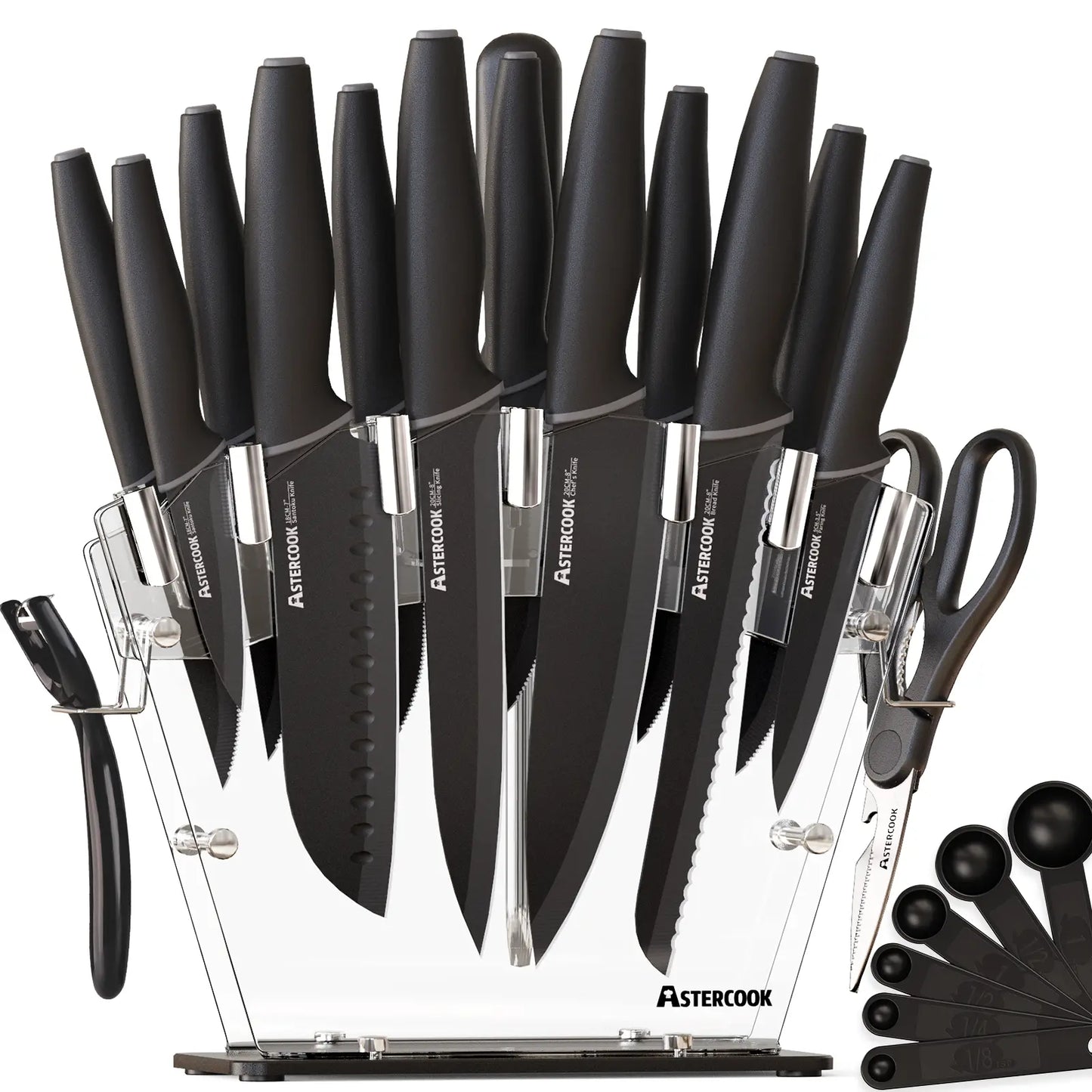 Chef Knife Full Set 16 Pcs- Stand & Measuring Cups Included - Highcarbon Stainless Steel Sharp Serrated Steak Knives, Scissor Knives Block Perfect Balance for Precision Cutting & Slicing