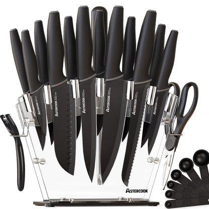 Chef Knife Full Set 16 Pcs- Stand & Measuring Cups Included - Highcarbon Stainless Steel Sharp Serrated Steak Knives, Scissor Knives Block Perfect Balance for Precision Cutting & Slicing