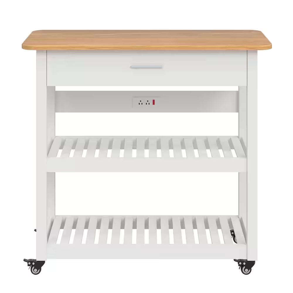 Kitchen Island Cart on Wheels, 40 In. Rolling Utility Cart with Power Strip, White Wood Top Shelves for Kitchen Storage