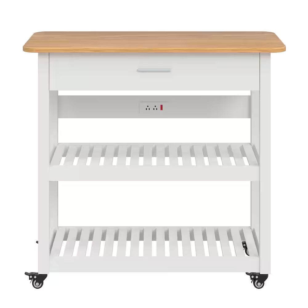 Kitchen Island Cart on Wheels, 40 In. Rolling Utility Cart with Power Strip, White Wood Top Shelves for Kitchen Storage