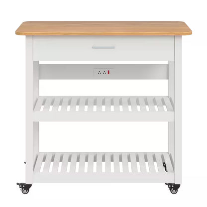 Kitchen Island Cart on Wheels, 40 In. Rolling Utility Cart with Power Strip, White Wood Top Shelves for Kitchen Storage