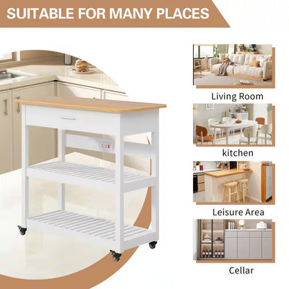Kitchen Island Cart on Wheels, 40 In. Rolling Utility Cart with Power Strip, White Wood Top Shelves for Kitchen Storage