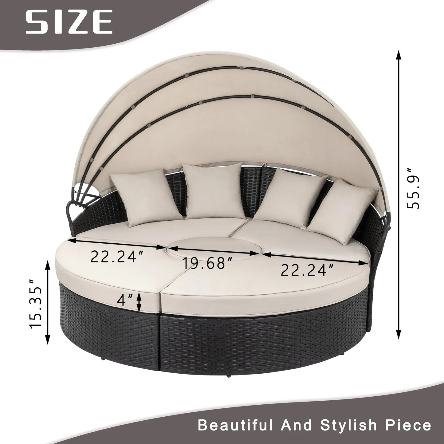 Walsunny Outdoor round Daybed with Retractable Canopy Wicker Rattan Separated Seating Sectional Sofa for Lawn Garden Backyard Porch Patio Furniture 