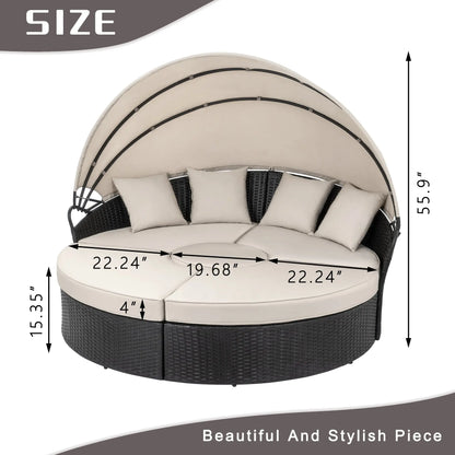 Walsunny Outdoor round Daybed with Retractable Canopy Wicker Rattan Separated Seating Sectional Sofa for Lawn Garden Backyard Porch Patio Furniture 
