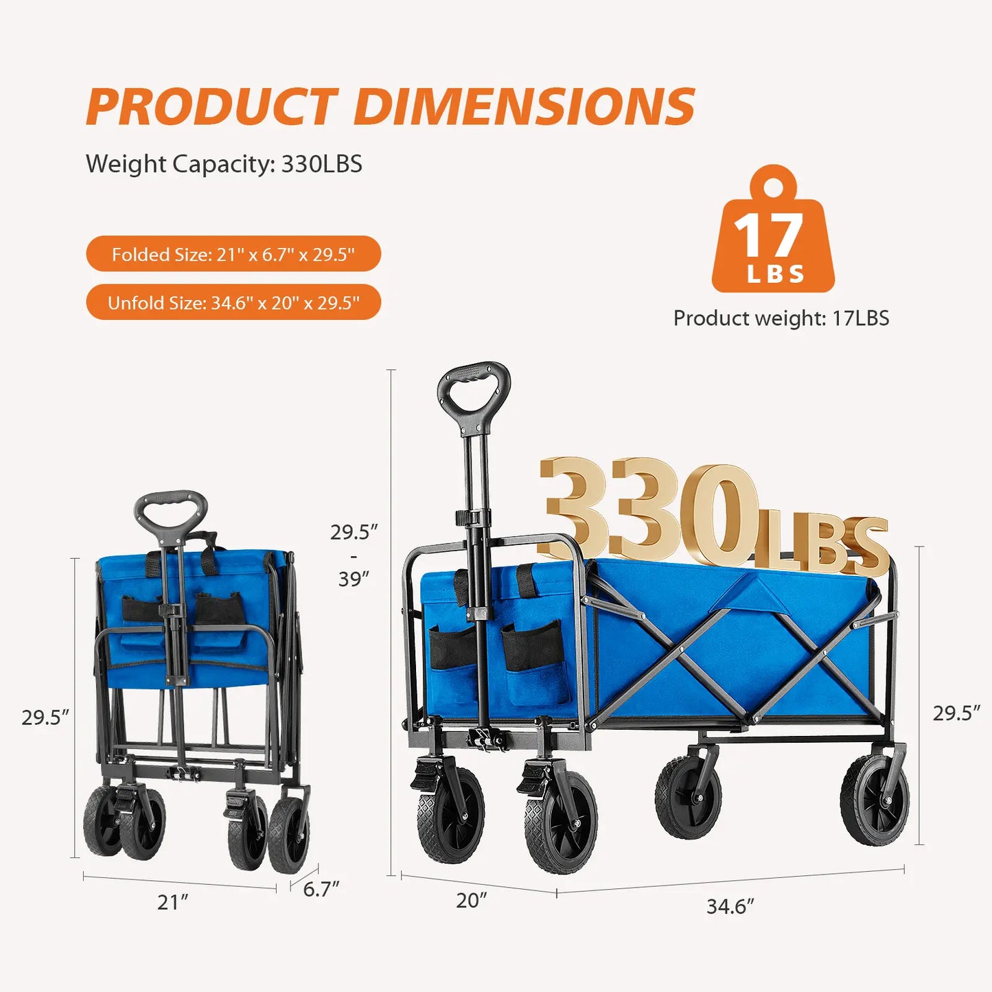 Collapsible Foldable Wagon Cart, Large Capacity Garden Beach Cart with All-Terrain Wheels, with Drink Holders for Shopping Sports Camping
