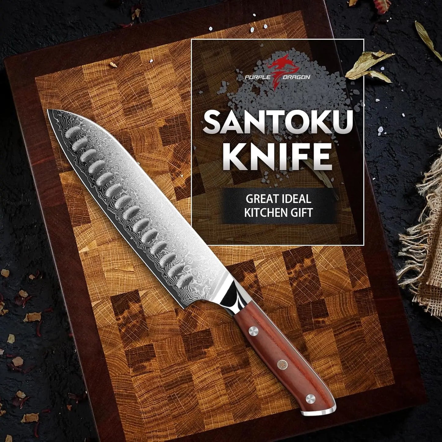 Purple Dragon Damascus Santoku Knife 7 Inch, VG10 Steel Japanese Chef Knife for Kitchen Cooking Meat Cleaver, Cutting Vegetables and Fruit, Gift Box