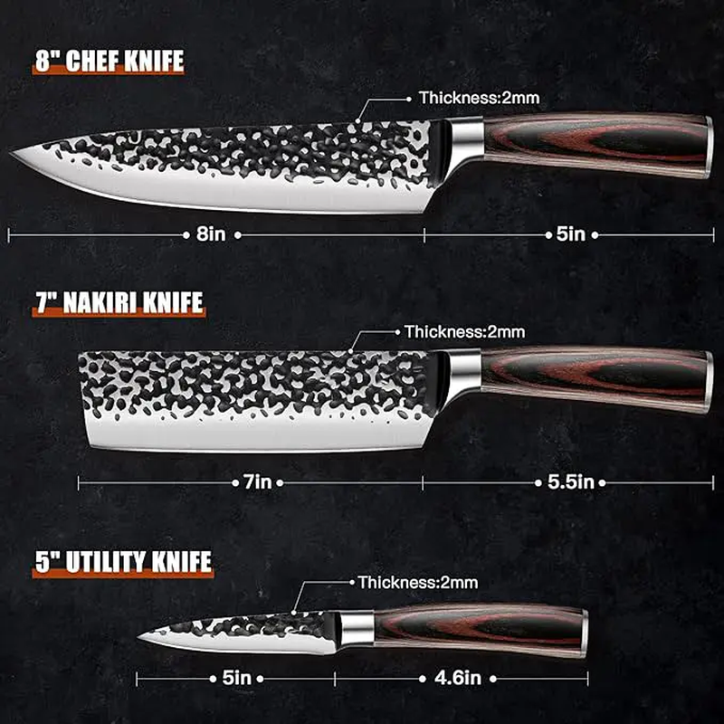 3PCS Professional Kitchen Knife Set Forged Hammered Japanese Chef Knife Sharp German High Carbon Stainless Steel 8 Inch Chef'S Knife 7 Inch Nakiri Knife 5 Inch Utility Knife
