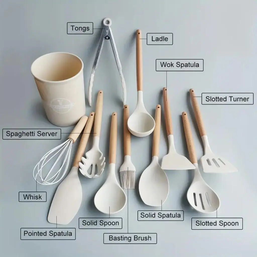 12 Pieces Silicone Kitchen Utensil Set, Wooden Handles, Durable, Heat-Resistant, for Cooking and Baking, Kitchen Supplies, Girly Kitchenware Black