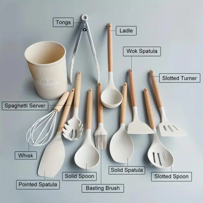 12 Pieces Silicone Kitchen Utensil Set, Wooden Handles, Durable, Heat-Resistant, for Cooking and Baking, Kitchen Supplies, Girly Kitchenware Black