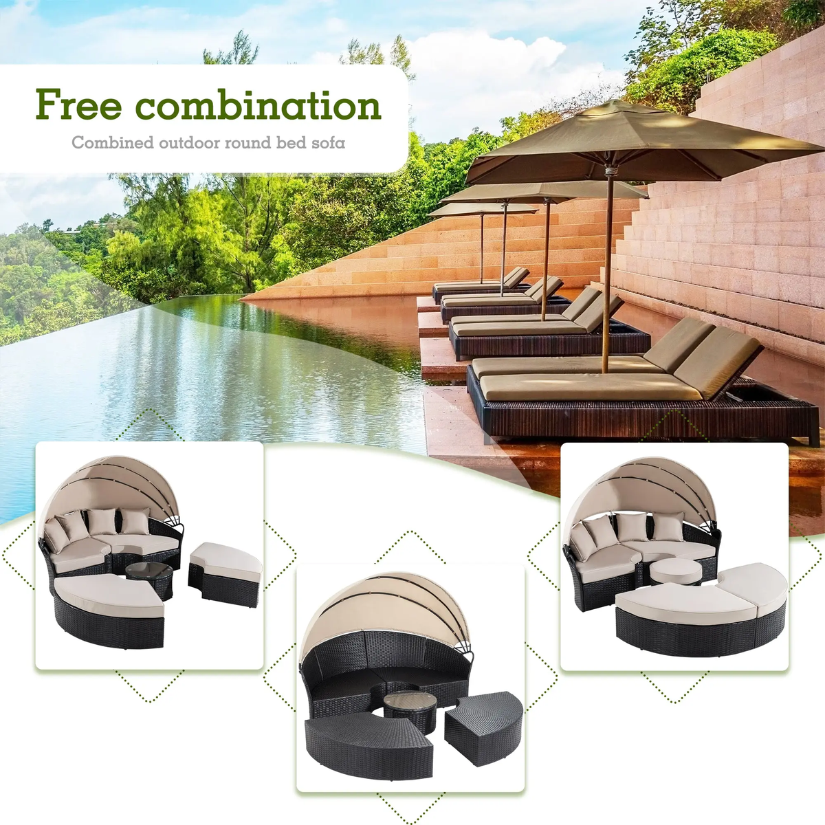Walsunny Outdoor round Daybed with Retractable Canopy Wicker Rattan Separated Seating Sectional Sofa for Lawn Garden Backyard Porch Patio Furniture 