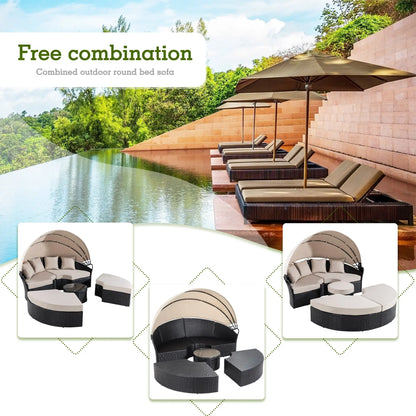 Walsunny Outdoor round Daybed with Retractable Canopy Wicker Rattan Separated Seating Sectional Sofa for Lawn Garden Backyard Porch Patio Furniture 