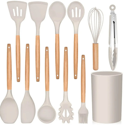 12 Pieces Silicone Kitchen Utensil Set, Wooden Handles, Durable, Heat-Resistant, for Cooking and Baking, Kitchen Supplies, Girly Kitchenware Black