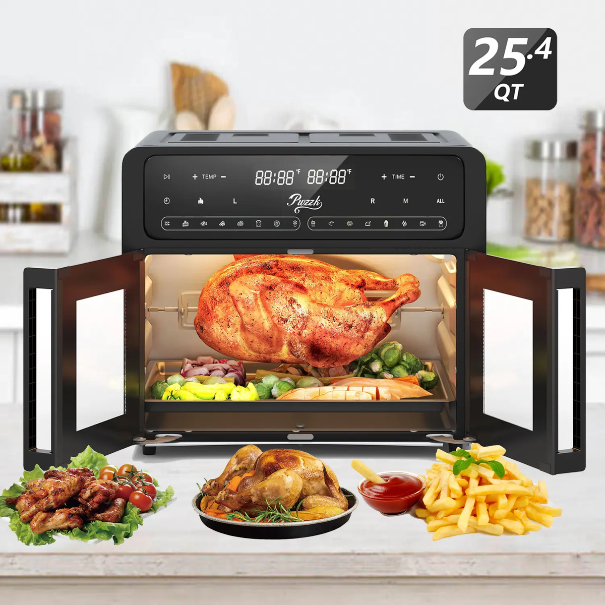 Dual Zone Air Fryer Oven, Durable Steel French Glass Door 25.4QT 16-In-1 Cooker with LED Screen & Dual-Fan 360° Heat Circulation