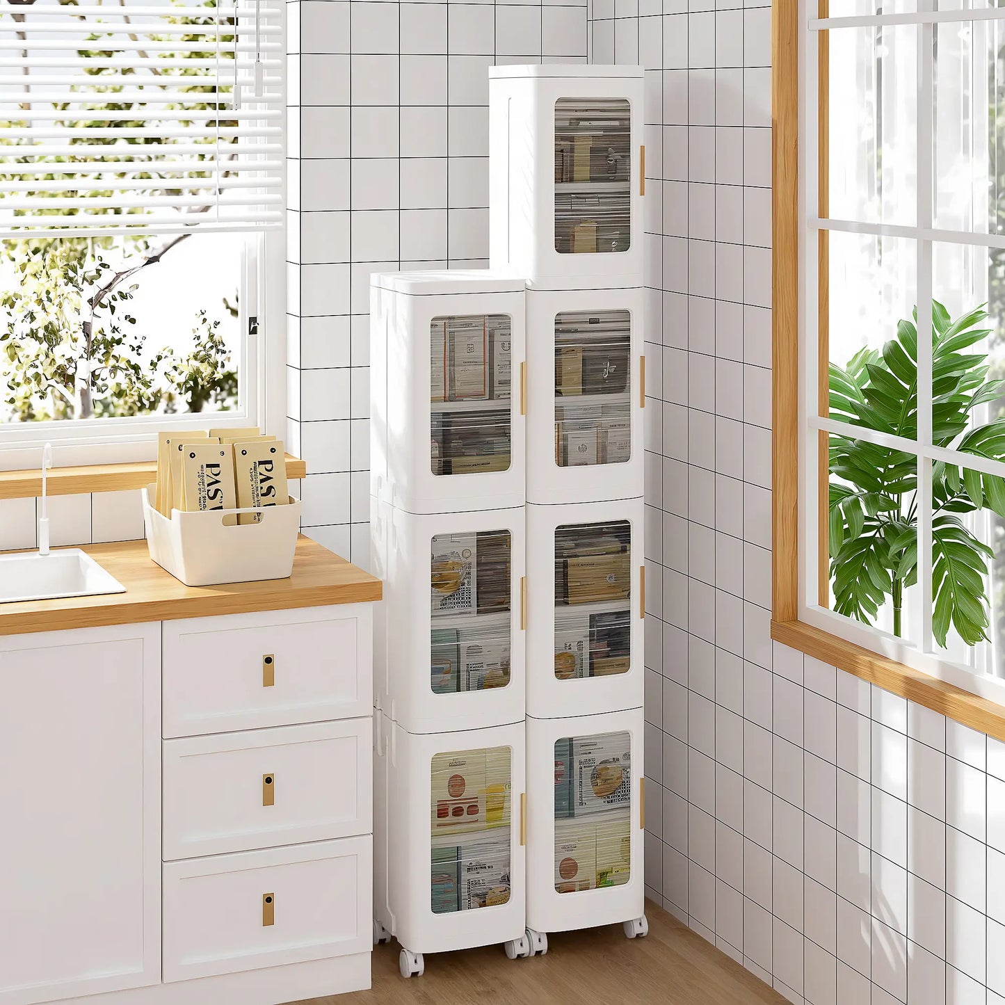 Foldable Rack Storage Bins Boxes with Door Lids and Wheels Stackable Closet Organizer Display Case Shoe 4 Layers for Kitchen Bedroom Office Living Room Entryway Cart VECELO Storage Cabinet Adjustable Compartment Decor Makeup Cart
