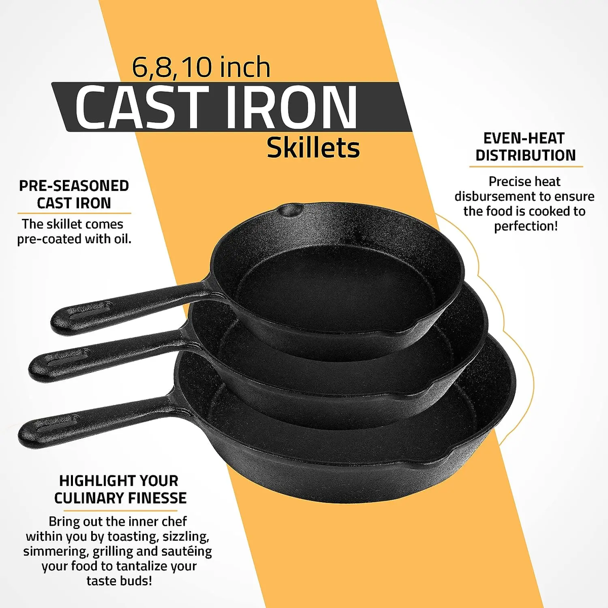 Cast Iron Pan Set - 3 Piece Pre-Seasoned Skillet, Grill Pan, and Fry Pans for Grilling, Frying, and Sautéing - Cookware, Oil round Frying Pan