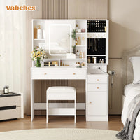 Modern LED Vanity Table with Mirror and Lights, Makeup Vanity Desk with 3 Drawers and Cabinets for Ample Storage by Vabches 