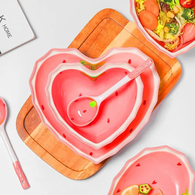 Heart-Shaped Ceramic Bowl with Spoon, Creative Strawberry Pattern Bowl & Spoon, Durable Tableware for Kitchen, Household Dining Plate Set, Ceramic Dish Set, Durable Utensils Tableware
