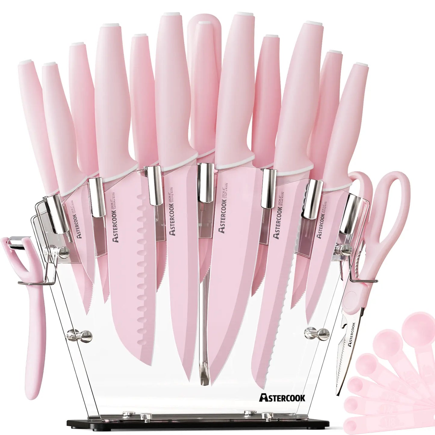 Chef Knife Full Set 16 Pcs- Stand & Measuring Cups Included - Highcarbon Stainless Steel Sharp Serrated Steak Knives, Scissor Knives Block Perfect Balance for Precision Cutting & Slicing