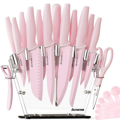 Chef Knife Full Set 16 Pcs- Stand & Measuring Cups Included - Highcarbon Stainless Steel Sharp Serrated Steak Knives, Scissor Knives Block Perfect Balance for Precision Cutting & Slicing